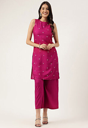 Embroidered Rayon Straight Kurta Set in Magenta