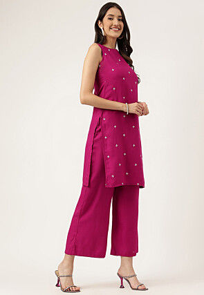 Embroidered Rayon Straight Kurta Set in Magenta