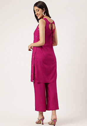Embroidered Rayon Straight Kurta Set in Magenta