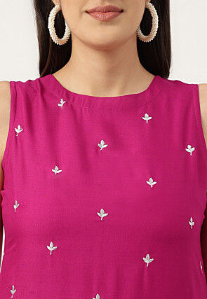 Embroidered Rayon Straight Kurta Set in Magenta