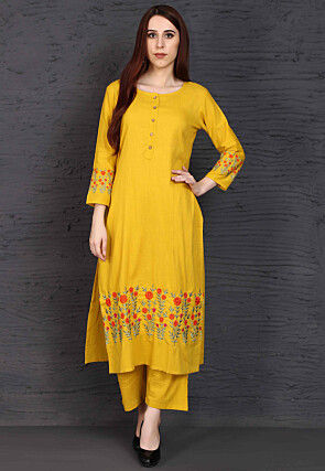 Embroidered Rayon Straight Kurta Set in Mustard