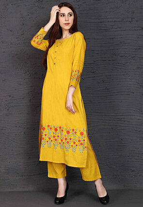 Embroidered Rayon Straight Kurta Set in Mustard