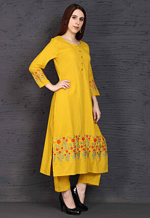 Embroidered Rayon Straight Kurta Set in Mustard