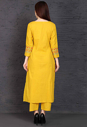Embroidered Rayon Straight Kurta Set in Mustard