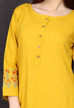 Embroidered Rayon Straight Kurta Set in Mustard