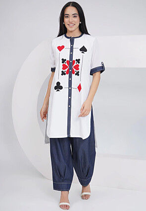Embroidered Rayon Straight Kurta Set in Off White