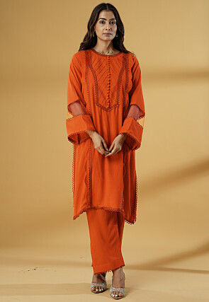 Embroidered Rayon Straight Kurta Set in Orange