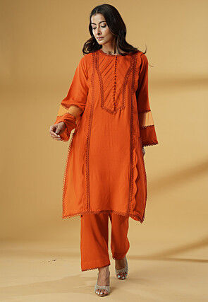 Embroidered Rayon Straight Kurta Set in Orange