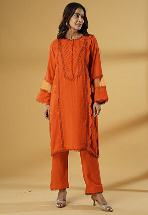 Embroidered Rayon Straight Kurta Set in Orange