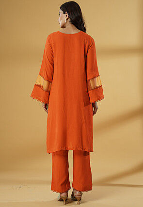 Embroidered Rayon Straight Kurta Set in Orange