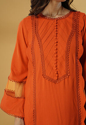 Embroidered Rayon Straight Kurta Set in Orange