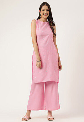 Embroidered Rayon Straight Kurta Set in Pink