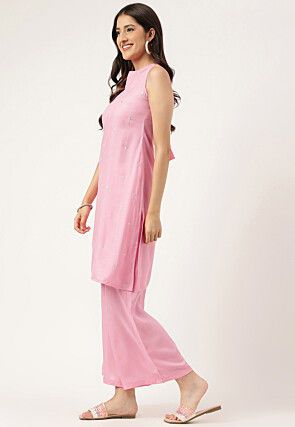 Embroidered Rayon Straight Kurta Set in Pink
