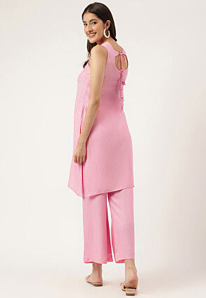 Embroidered Rayon Straight Kurta Set in Pink