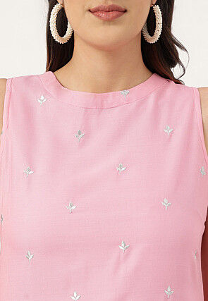 Embroidered Rayon Straight Kurta Set in Pink