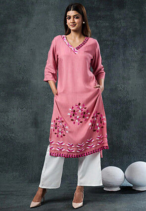 Embroidered Rayon Straight Kurta Set in Pink