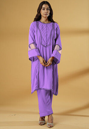 Embroidered Rayon Straight Kurta Set in Purple