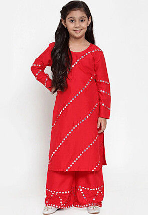 Embroidered Rayon Straight Kurta Set in Red