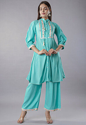 Embroidered Rayon Straight Kurta Set in Turquoise