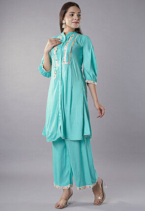 Embroidered Rayon Straight Kurta Set in Turquoise