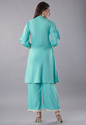 Embroidered Rayon Straight Kurta Set in Turquoise