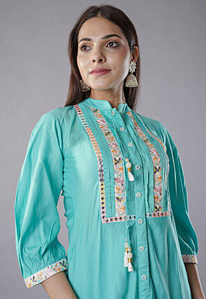 Embroidered Rayon Straight Kurta Set in Turquoise