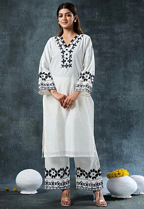 Embroidered Rayon Straight Kurta Set in White