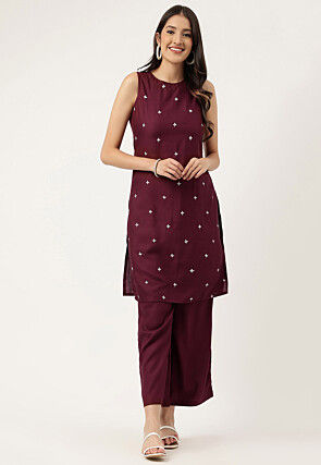 Embroidered Rayon Straight Kurta Set in Wine
