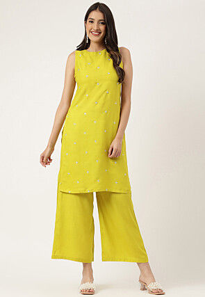 Embroidered Rayon Straight Kurta Set in Yellow