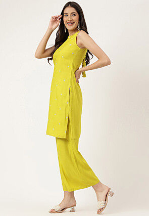 Embroidered Rayon Straight Kurta Set in Yellow