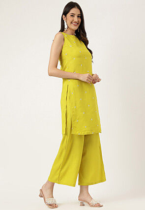 Embroidered Rayon Straight Kurta Set in Yellow