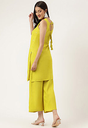 Embroidered Rayon Straight Kurta Set in Yellow