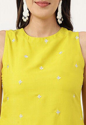 Embroidered Rayon Straight Kurta Set in Yellow
