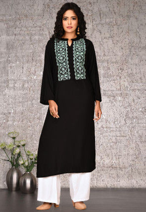 Embroidered Rayon Straight Kurta with Palazzo in Black