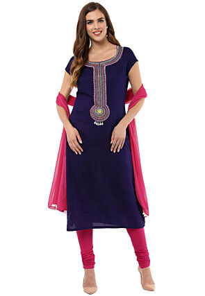 Embroidered Rayon Straight Suit in Navy Blue