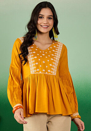 Embroidered Rayon Top in Mustard