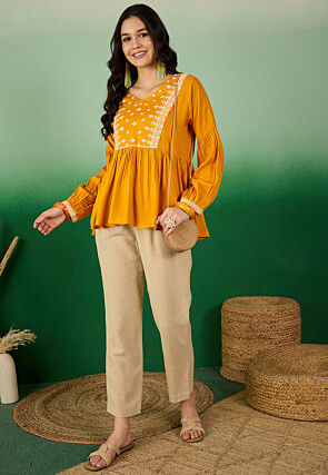 Embroidered Rayon Top in Mustard