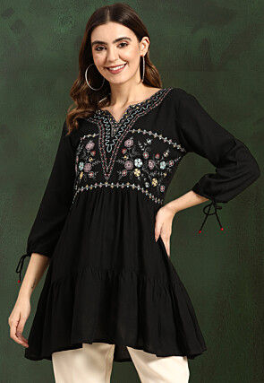 Embroidered Rayon Tunic in Black