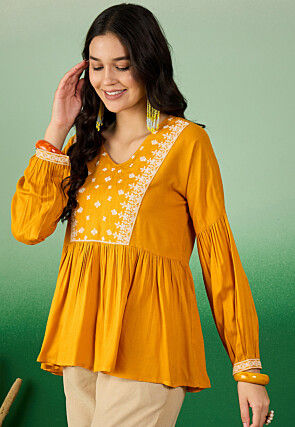 Embroidered Rayon Tunic in Mustard