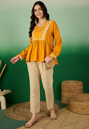Embroidered Rayon Tunic in Mustard
