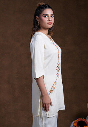 Embroidered Rayon Tunic in Off White