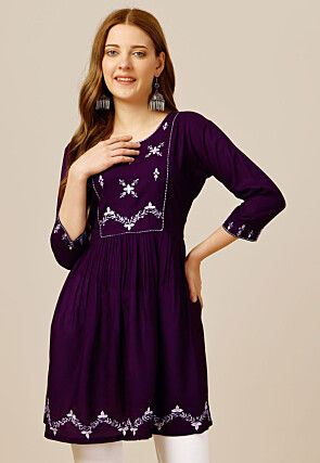 Embroidered Rayon Tunic in Purple