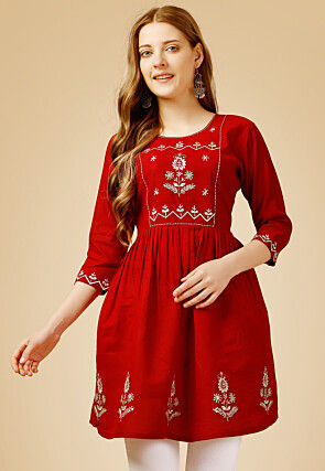 Embroidered Rayon Tunic in Red