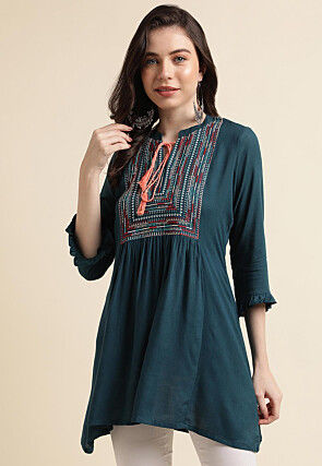 Embroidered Rayon Tunic in Teal Blue