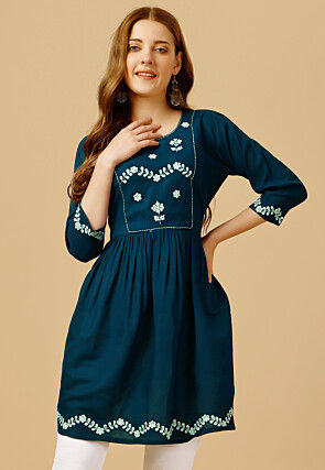 Embroidered Rayon Tunic in Teal Blue