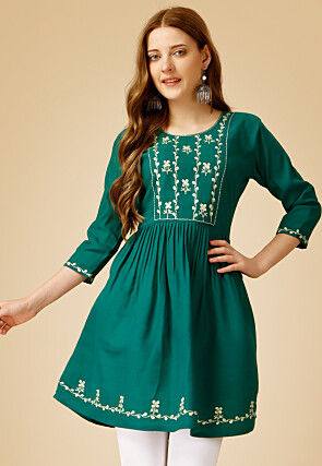 Embroidered Rayon Tunic in Teal Green