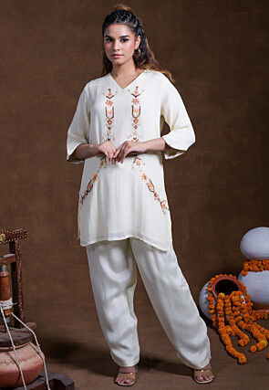 Embroidered Rayon Tunic Set in Off White