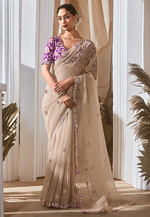 Embroidered Tissue Silk Scalloped Saree in Beige