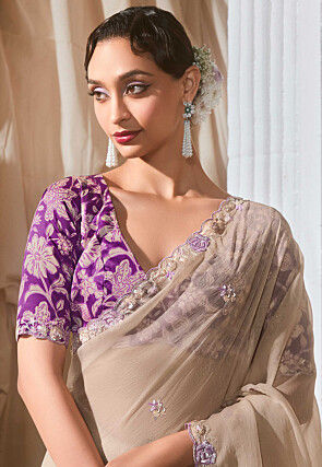 Embroidered Tissue Silk Scalloped Saree in Beige