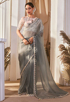Embroidered Border Tissue Silk Saree in Grey
